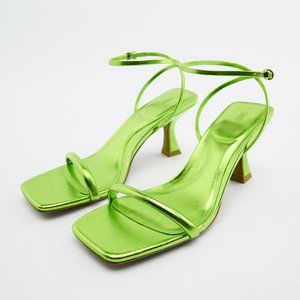 NWT Zara Green Metallic Ankle Strap Mid-height Heels Sandal